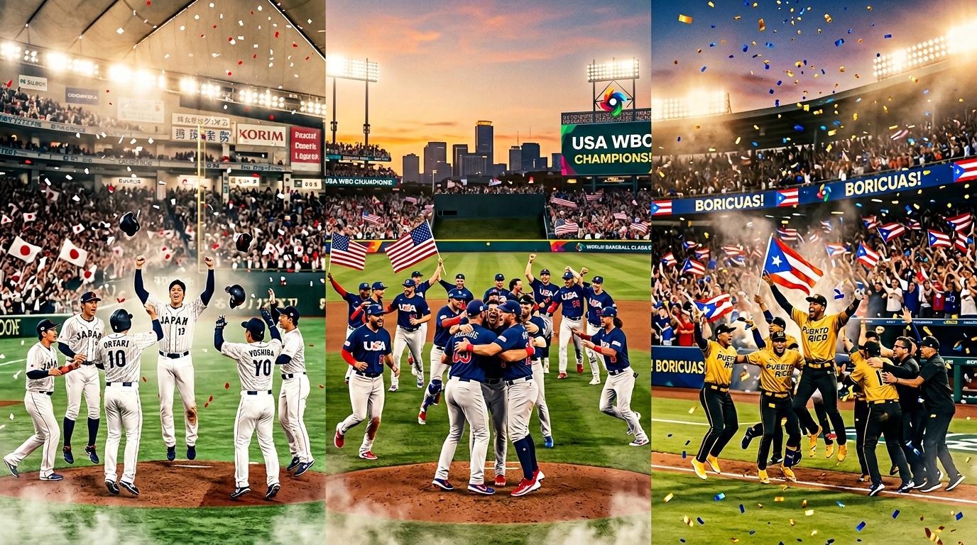 Three teams celebrating championship victories on baseball fields with crowds