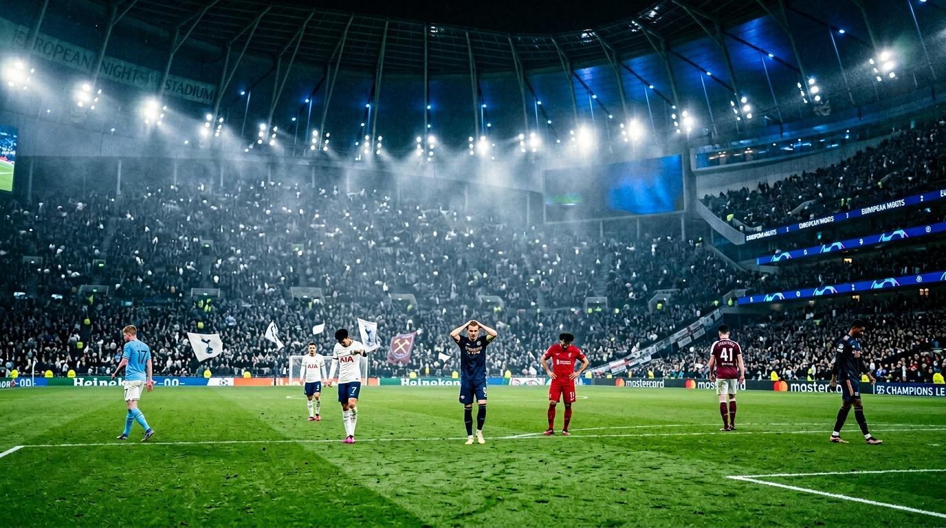 Football players on pitch during European night match with packed stadium