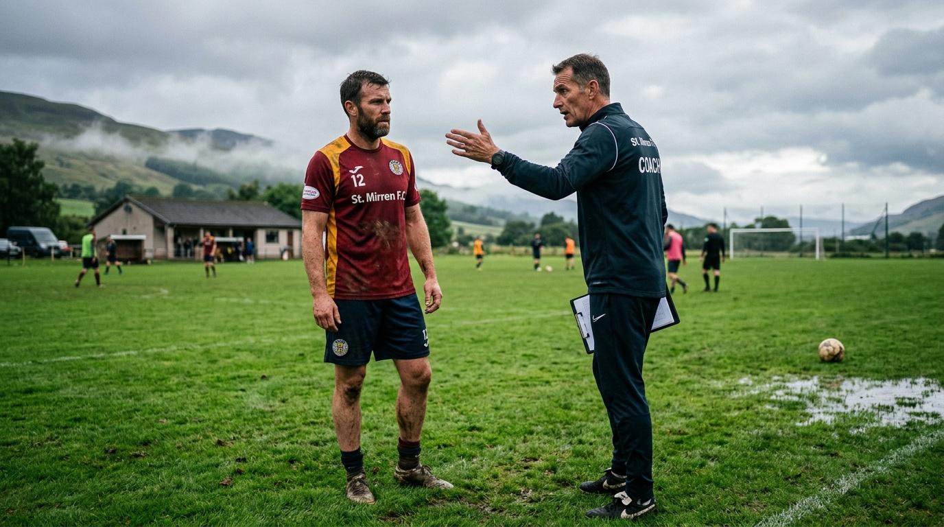 Coach gestures while speaking to St. Mirren FC player on field