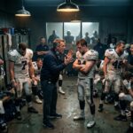Coach speaks to muddy football players in locker room