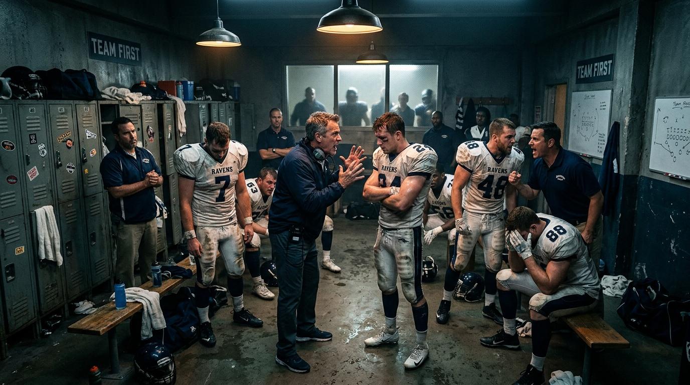 Coach speaks to muddy football players in locker room
