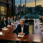 Business executives seated at conference table with campus view.