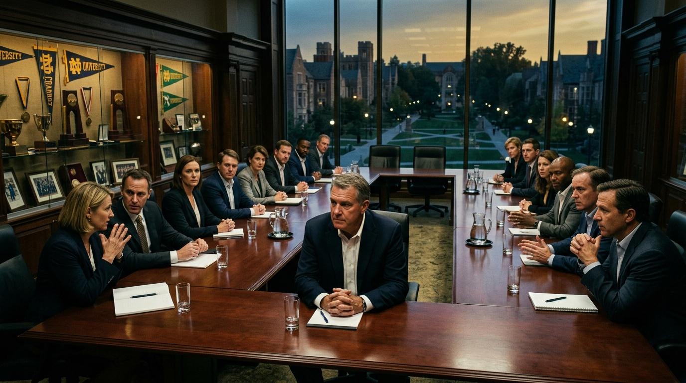 Business executives seated at conference table with campus view.