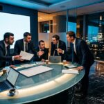Business professionals discussing at conference table with city skyline view