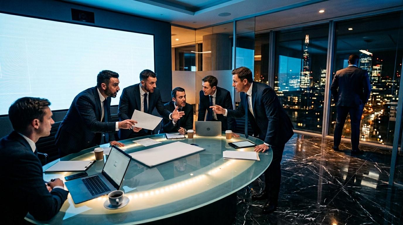 Business professionals discussing at conference table with city skyline view