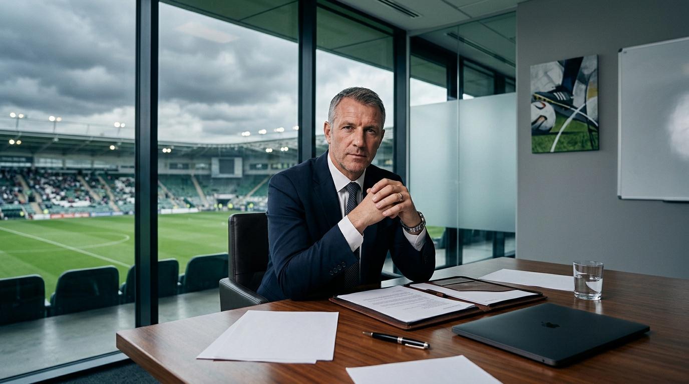 Professional man in suit seated at desk with stadium view