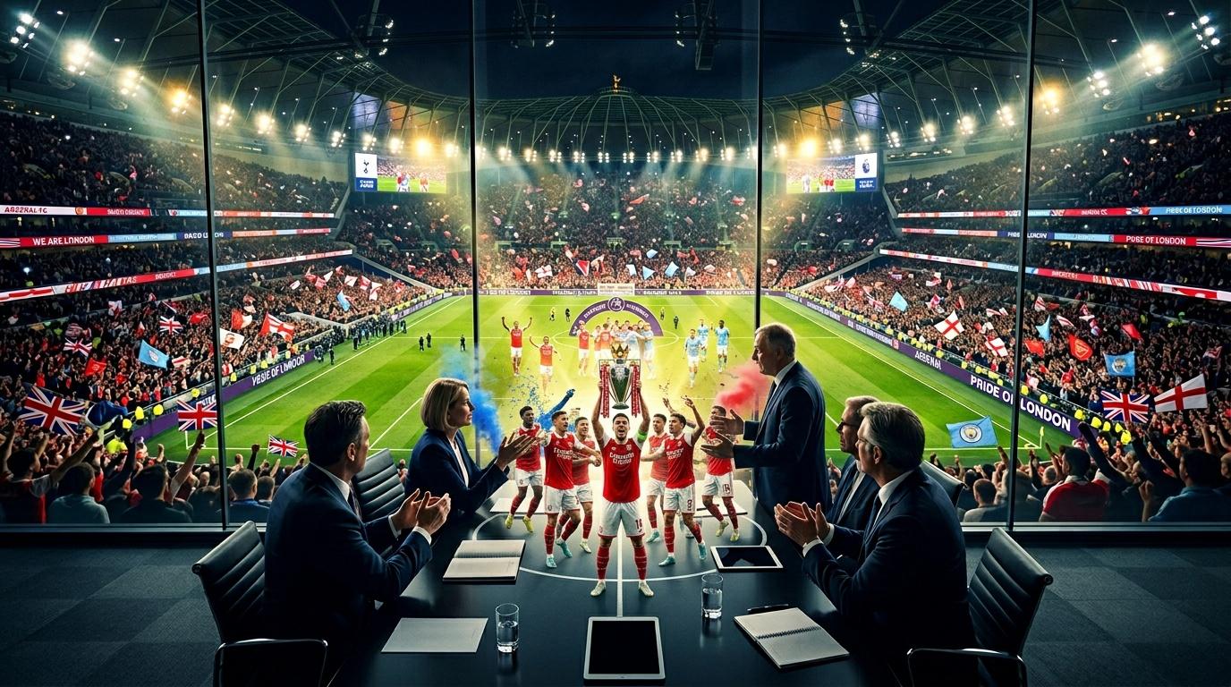 Business executives celebrate Arsenal's trophy win from luxury stadium box.