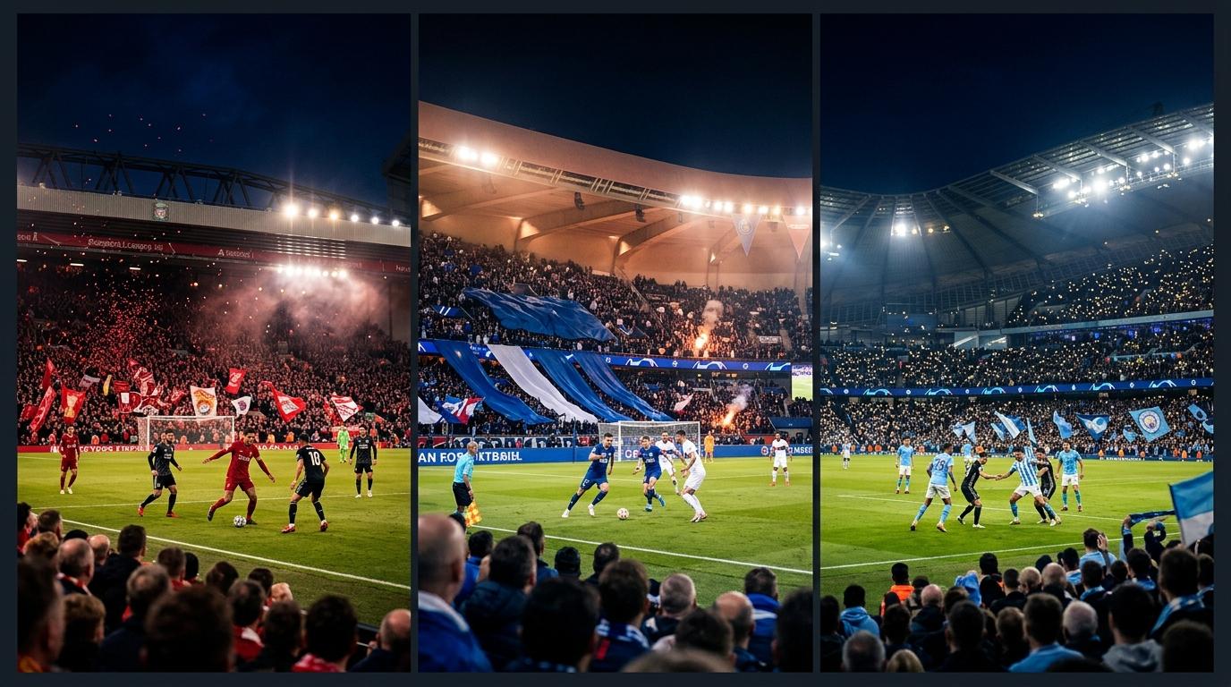 Three football stadiums with passionate fans cheering during evening matches
