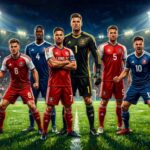 Six football players in red and blue jerseys posing on stadium field