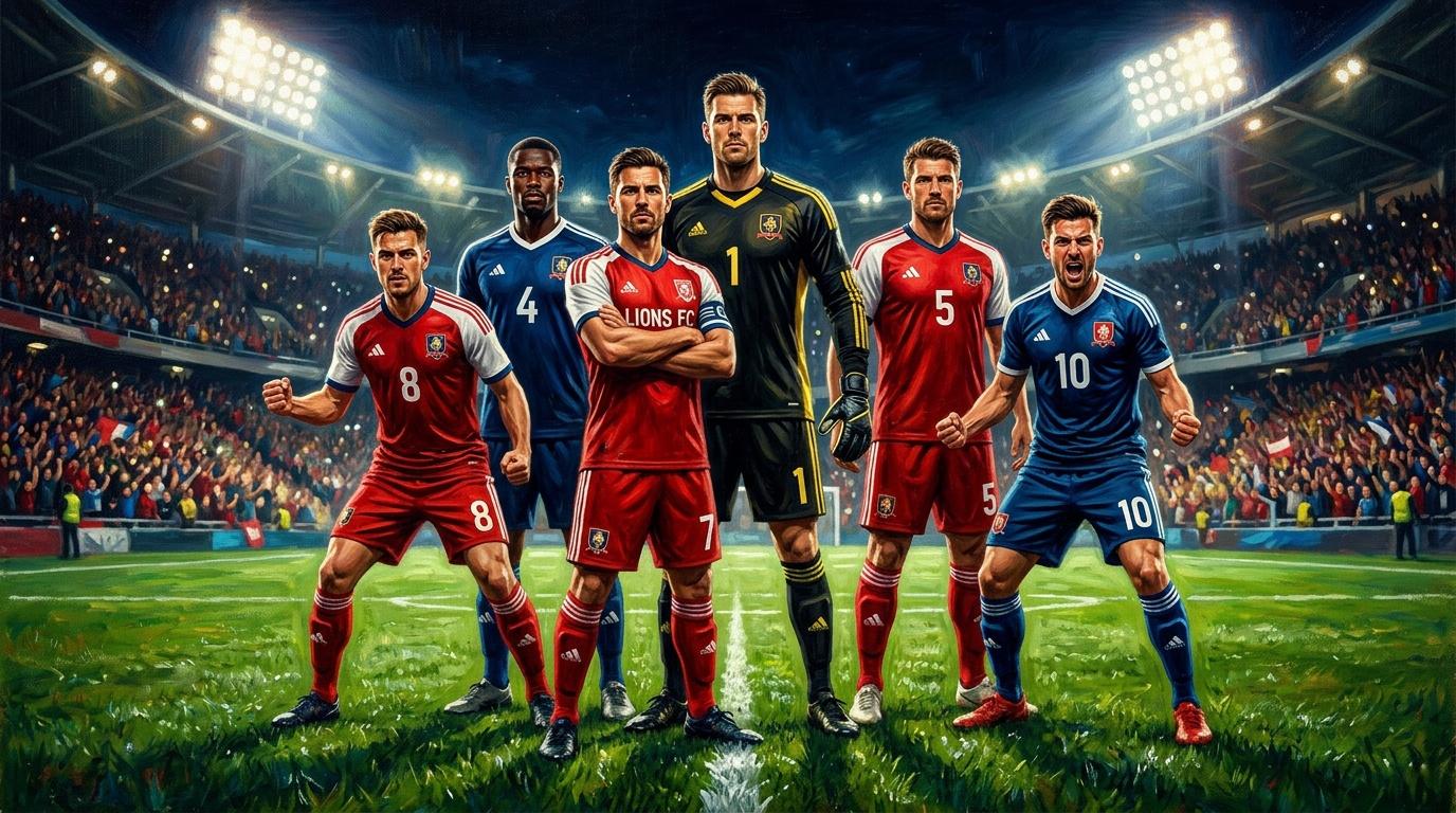 Six football players in red and blue jerseys posing on stadium field