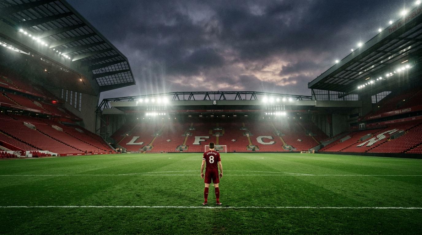 Player in maroon jersey standing alone on football pitch