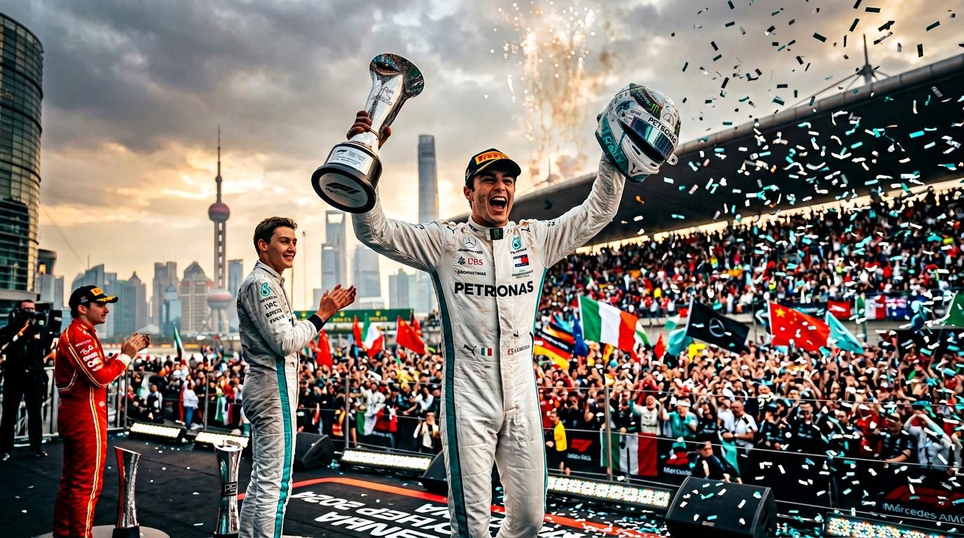 F1 driver celebrates podium victory with trophy and confetti