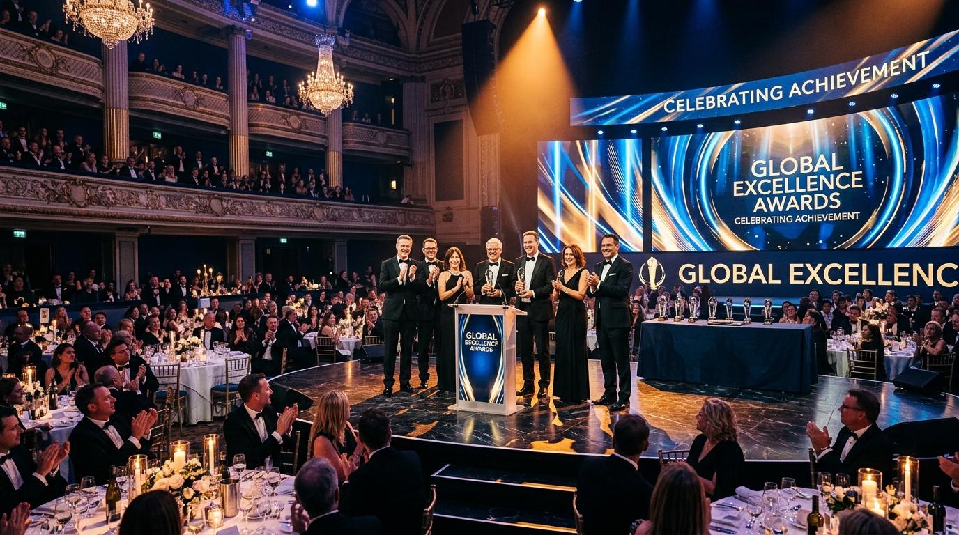 Award winners celebrate on stage at elegant gala event
