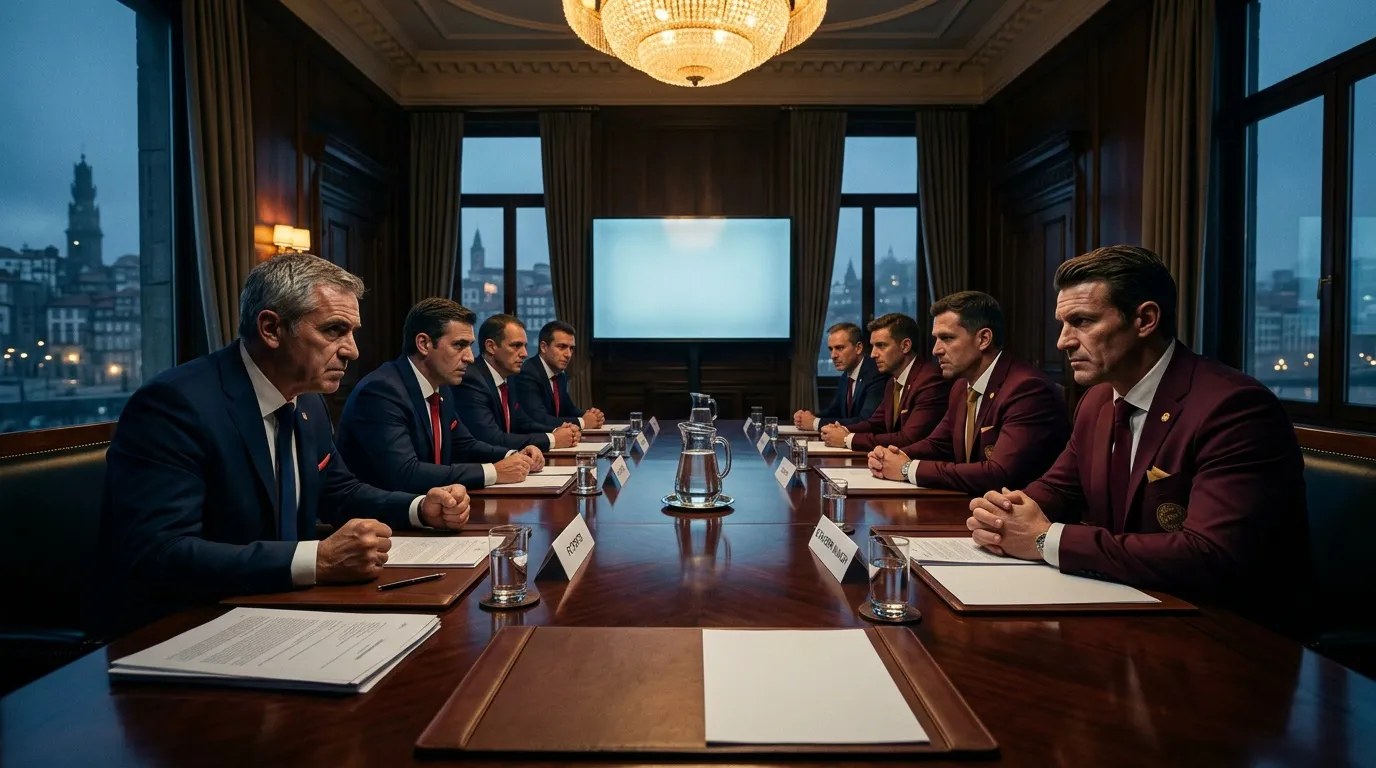 Businessmen in formal attire seated at conference table during evening meeting