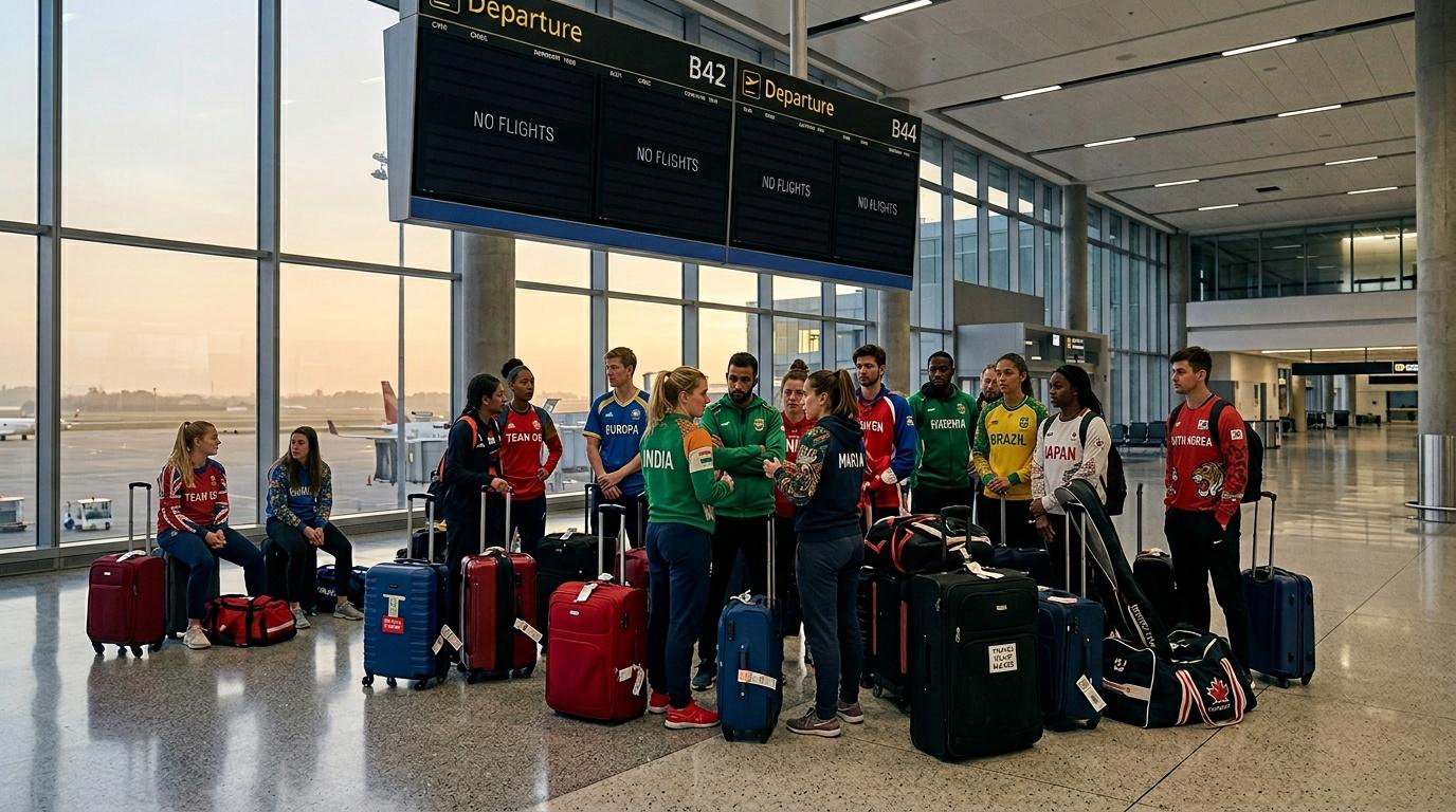 Group of athletes wearing country gear waiting at departure gate with no flights.