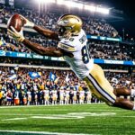 Football player in Lions uniform catches ball mid-air during game