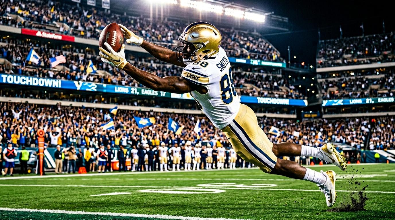 Football player in Lions uniform catches ball mid-air during game