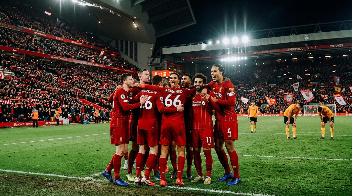 Liverpool players celebrate after winning 3-1 against Wolverhampton Wanderers