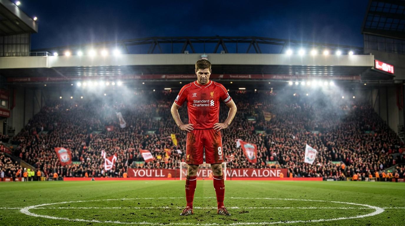 Red-uniformed footballer stands centered on pitch at packed stadium