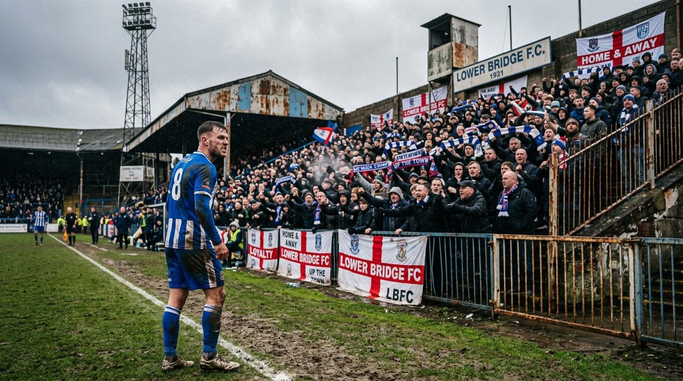 Player in blue jersey faces enthusiastic home crowd at stadium