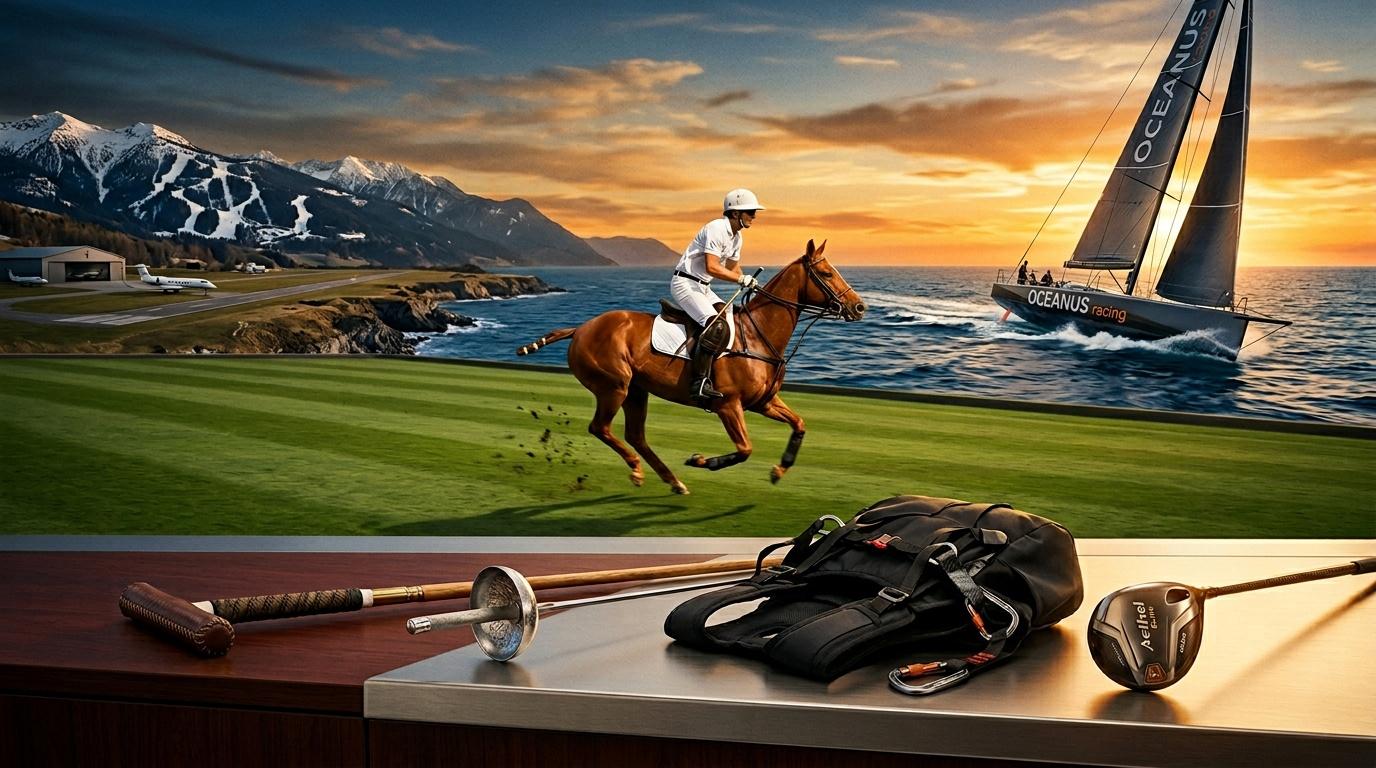 Polo, sailing, and golf equipment displayed with scenic landscape background.