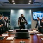 Football player meets with executives in conference room