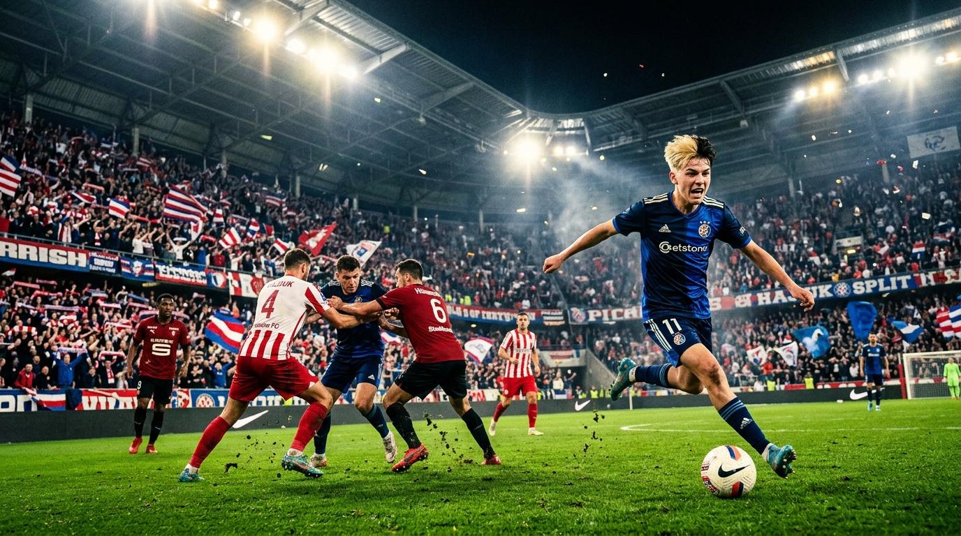 Footballer in blue jersey dribbling ball during night stadium match