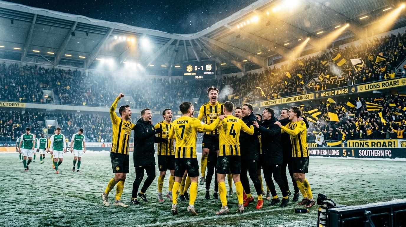 Soccer team in yellow celebrating 5-1 victory in stadium