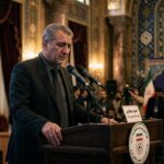 Man speaking at podium with Iranian flag and ornate decorations