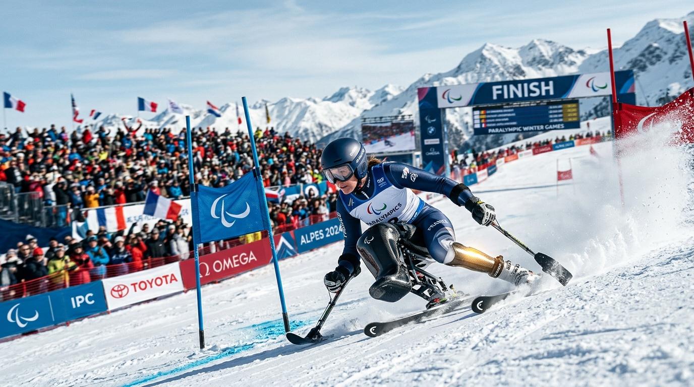 Visually impaired skier racing downhill at Paralympic Winter Games