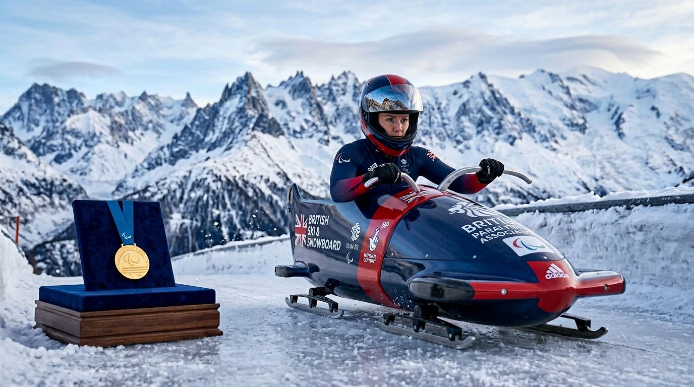 British Paralympic athlete with gold medal and bobsled in mountains