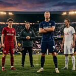 Six professional footballers standing on stadium pitch at dusk
