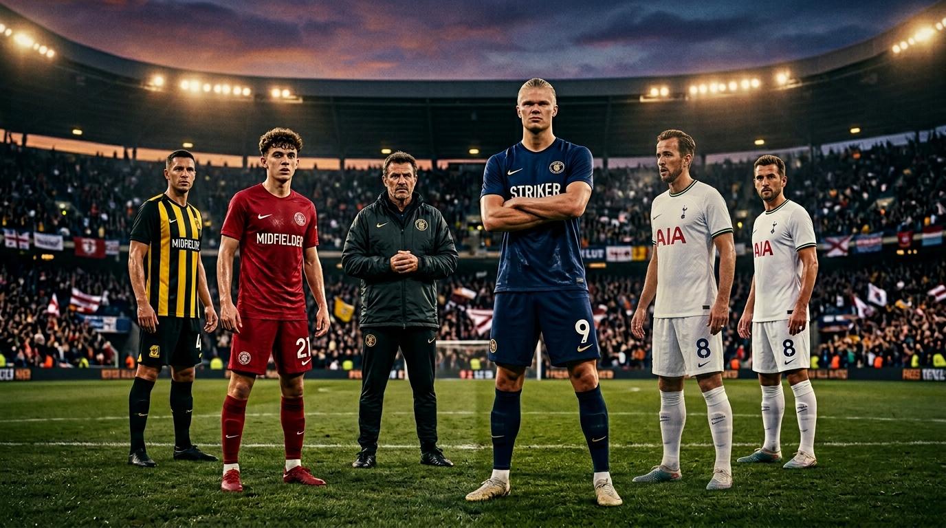 Six professional footballers standing on stadium pitch at dusk