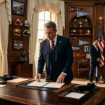 Man in suit signing document at presidential desk with officials watching