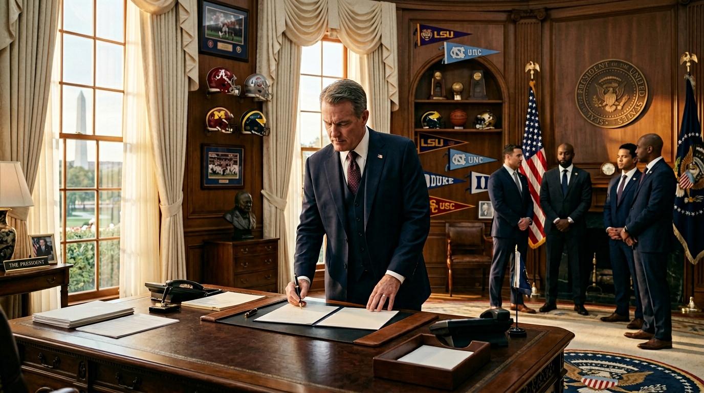 Man in suit signing document at presidential desk with officials watching