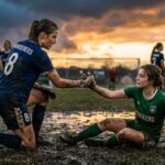 Female soccer players helping each other in muddy field at sunset