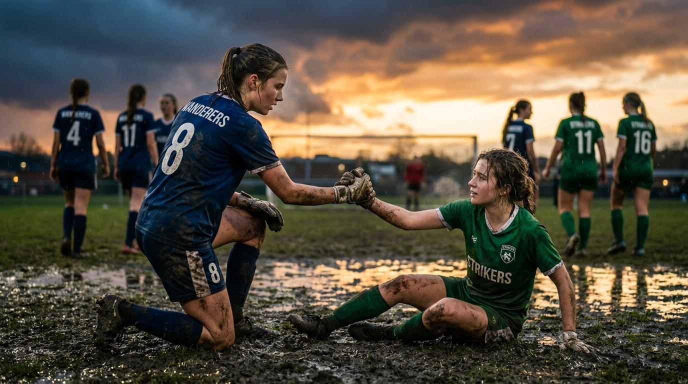 Female soccer players helping each other in muddy field at sunset