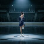 Figure skater in blue dress performing alone on ice rink