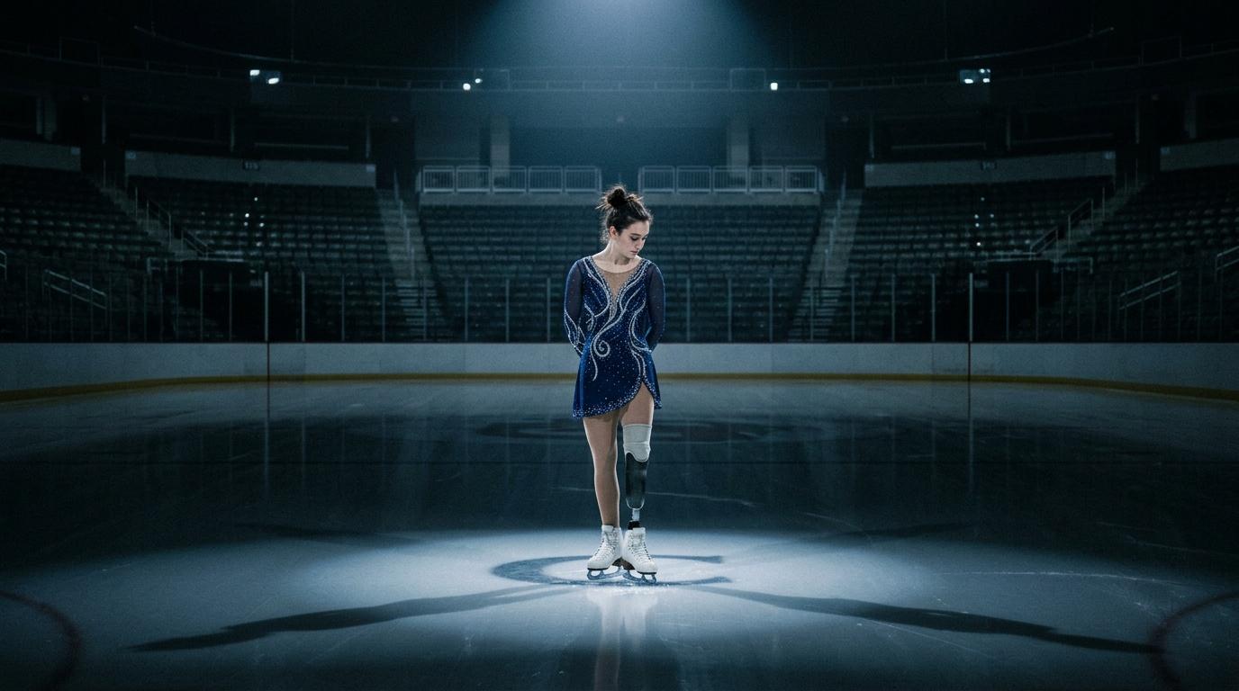 Figure skater in blue dress performing alone on ice rink