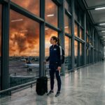 Woman with luggage gazing at dramatic sunset sky from airport window