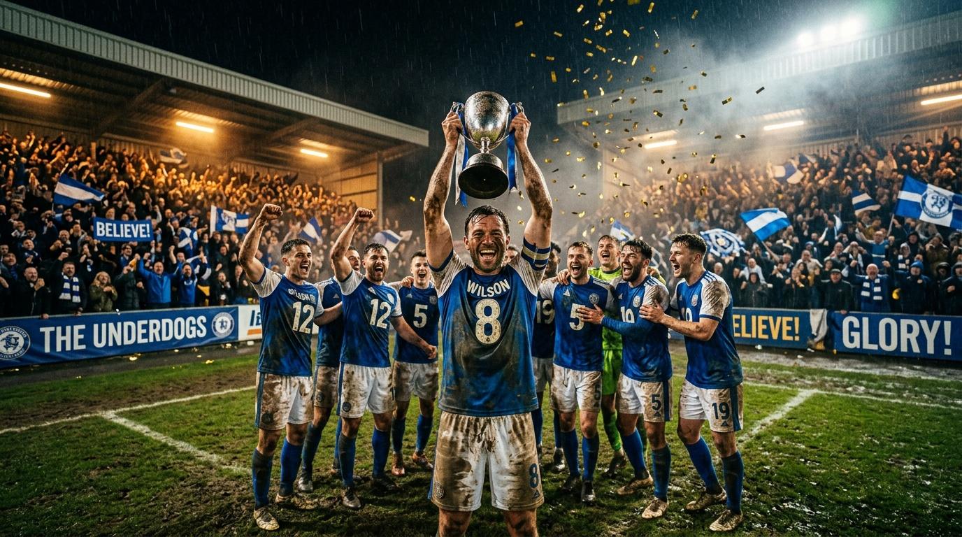 Soccer team holds trophy amid rain and cheering crowd celebration