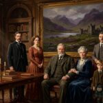 Wealthy family poses in elegant library with Scottish landscape painting