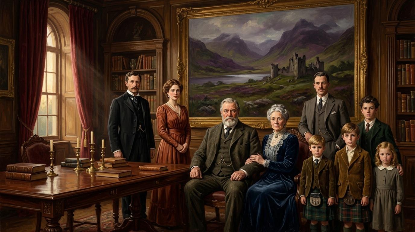 Wealthy family poses in elegant library with Scottish landscape painting
